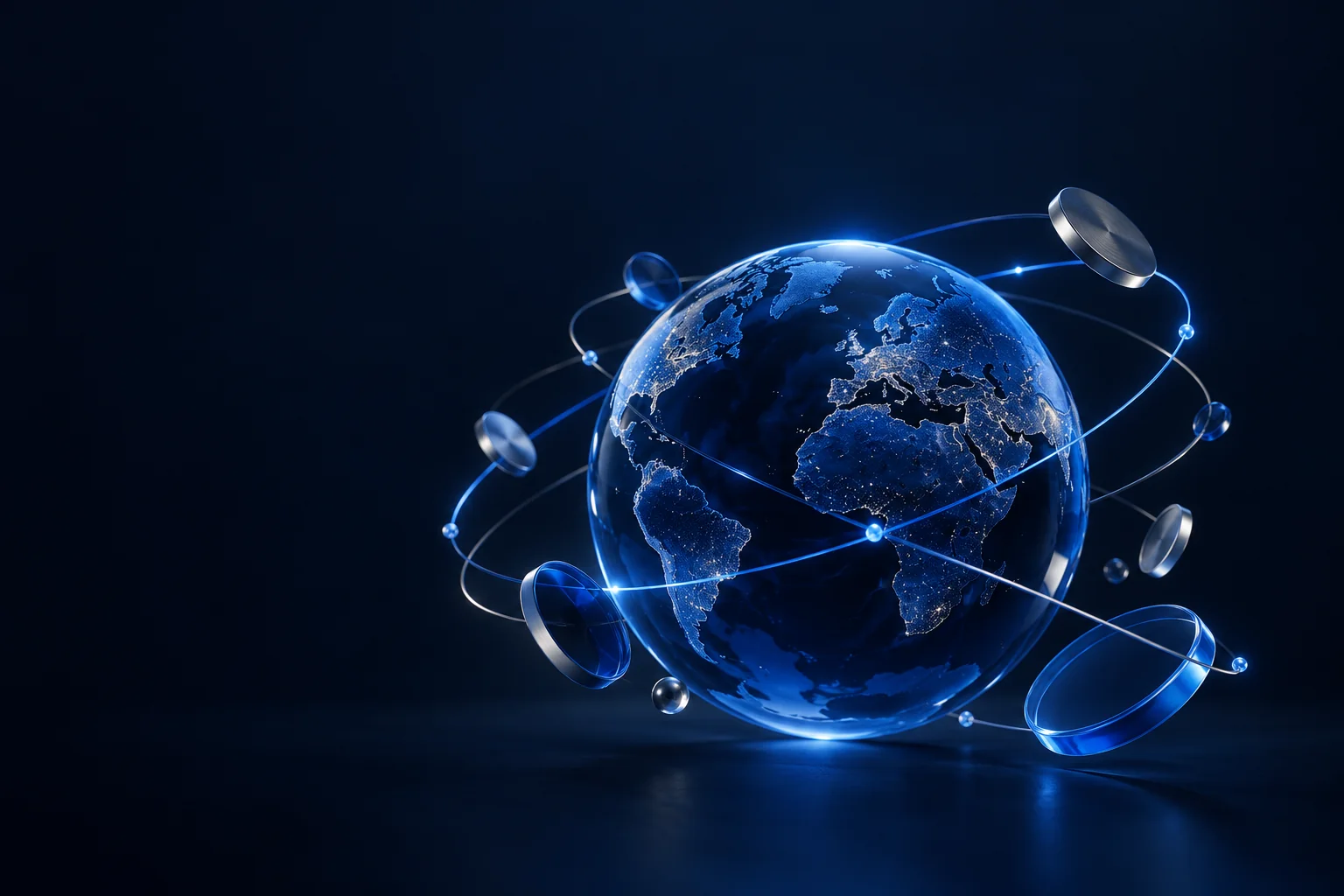 Blue glass globe with luminous orbital rings